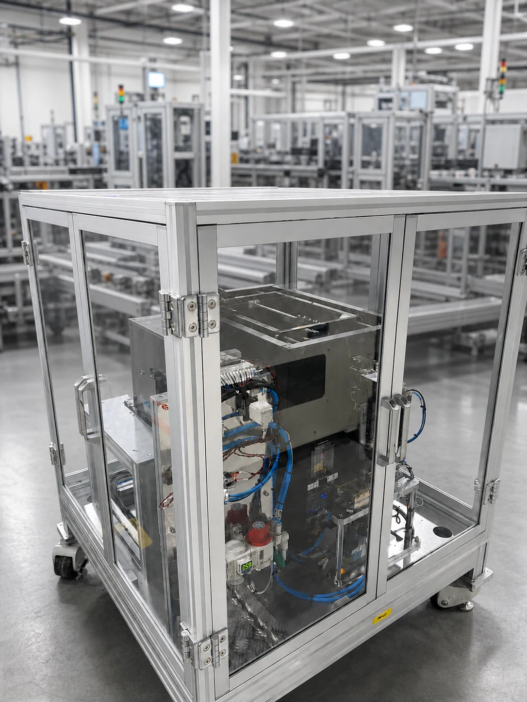 Blade-type hopper feeder installed inside a safety enclosure